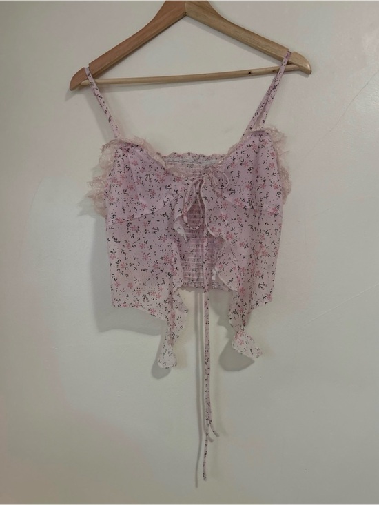 Tops - Floral Lace Trim Tie Front Cami Crop Top Fairy Coquette Balletcore S